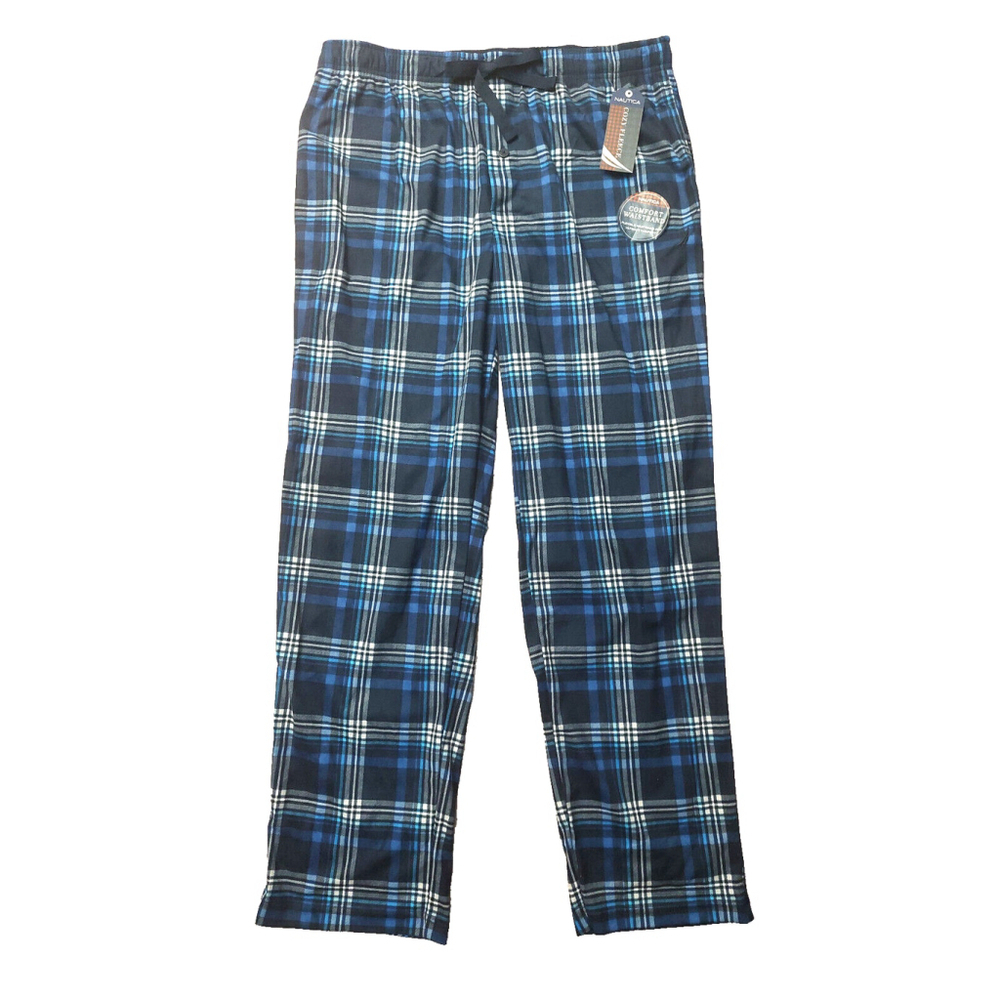 Nautica Blue & White Plaid Drawstring Pajama Pants Mens Fleece Lounge Sleepwear